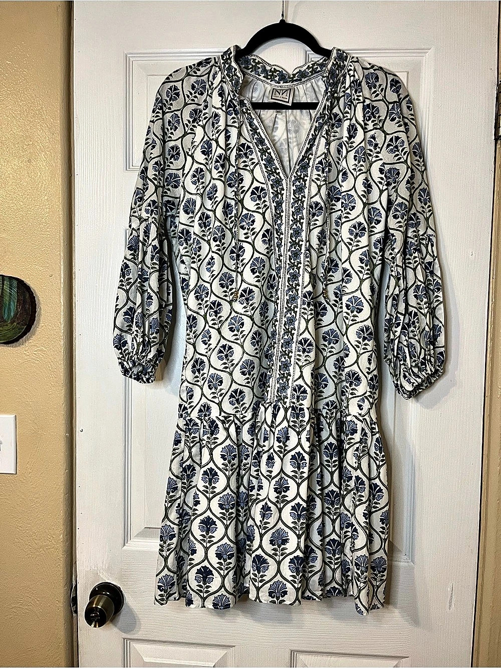 Neve & Noor Mimi Floral Mini Dress Organic Cotton Hand Printed Blue & White